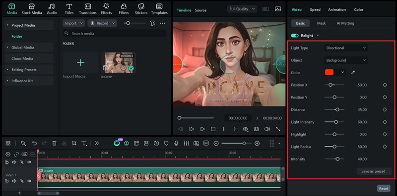 adjust filmora ai relight settings