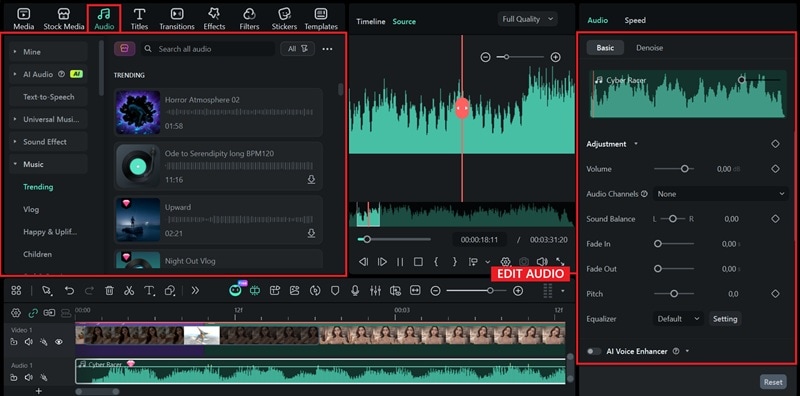 browse and edit audio in filmora