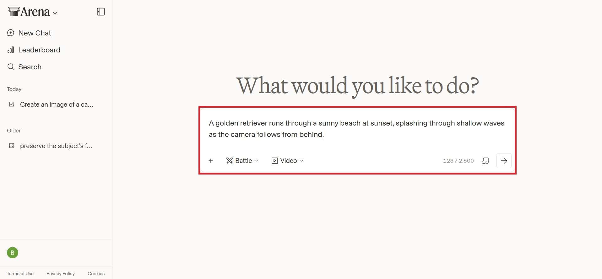 select arena type and enter prompt