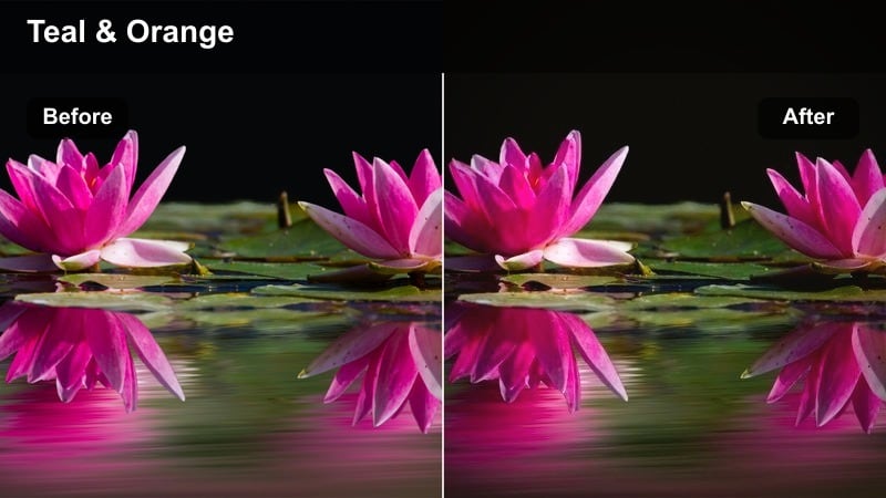 Model walking across a wet city street at night with faded blacks and teal midtones.