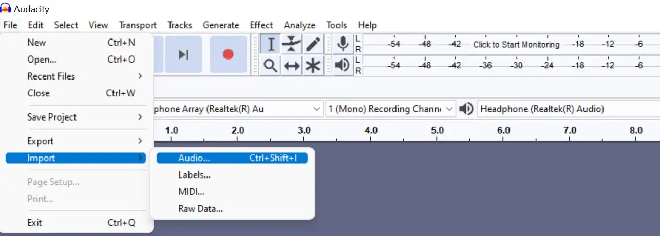 import your audio file in audacity