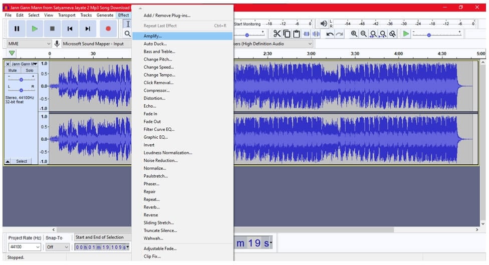 audacity effects amplify adjust audio volume