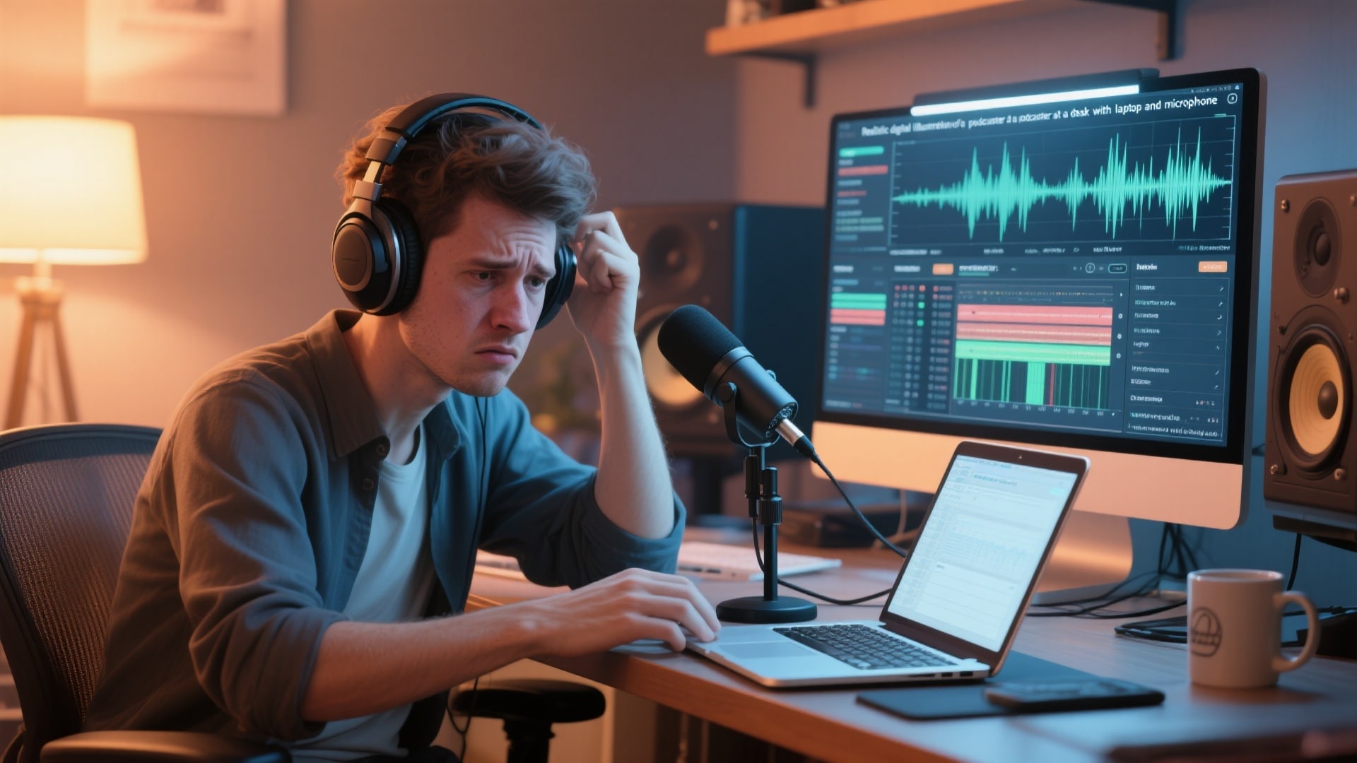 frustrated podcaster editing audio
