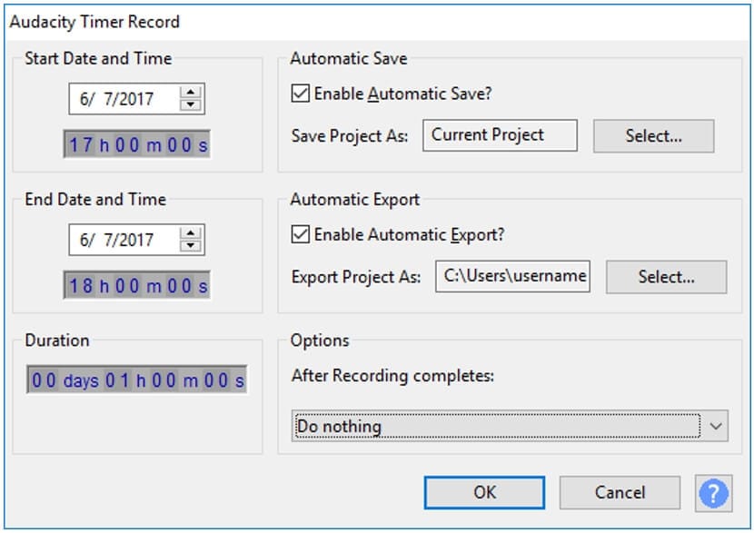  timer registrazione audacity