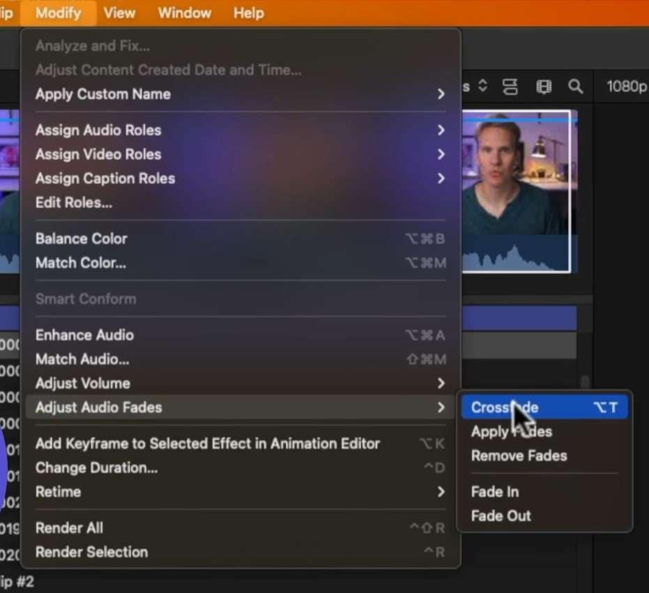 activate audio crossfade final cut pro