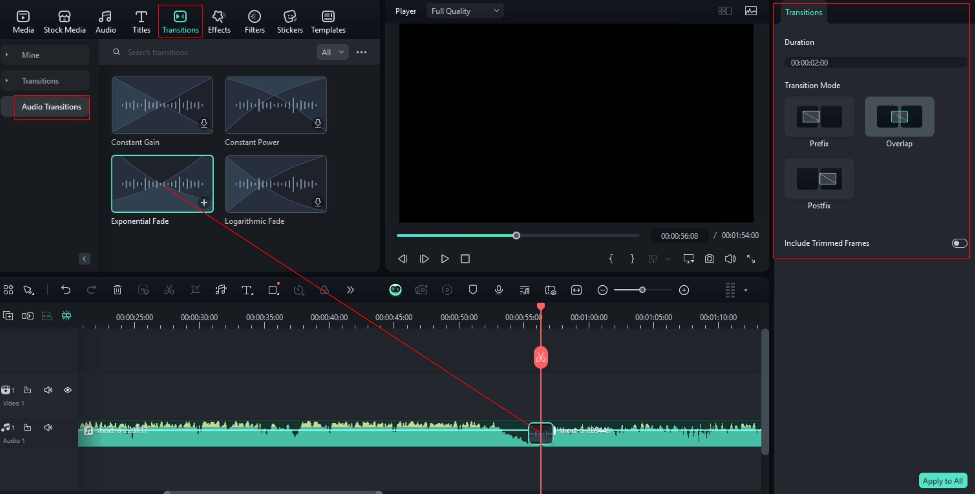 add exponential fade audio effect filmora