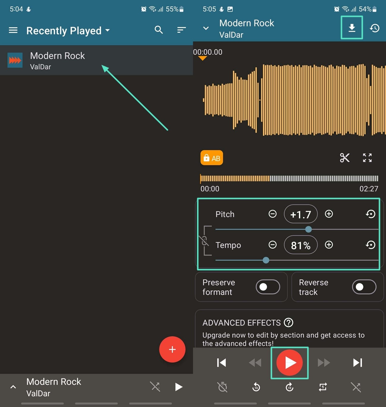 adjust tempo and pitch press and save