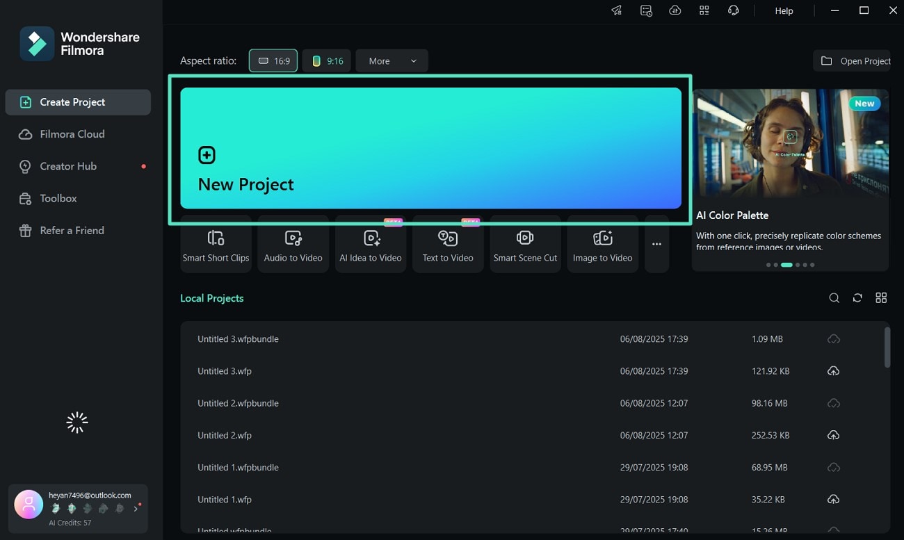launch filmora click new project