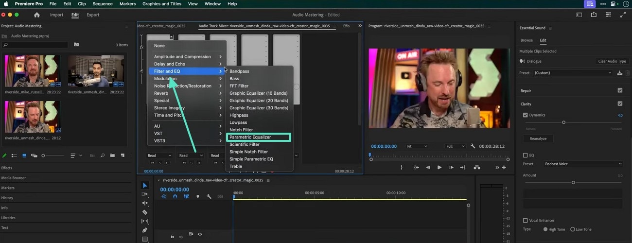 select the parametric equalizer premiere pro