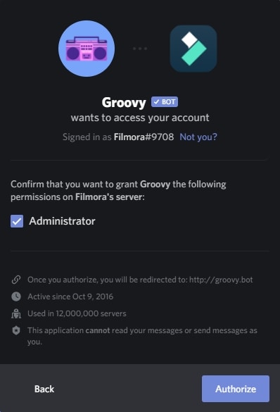 Add Groovy bot to Discord Server and Authorize