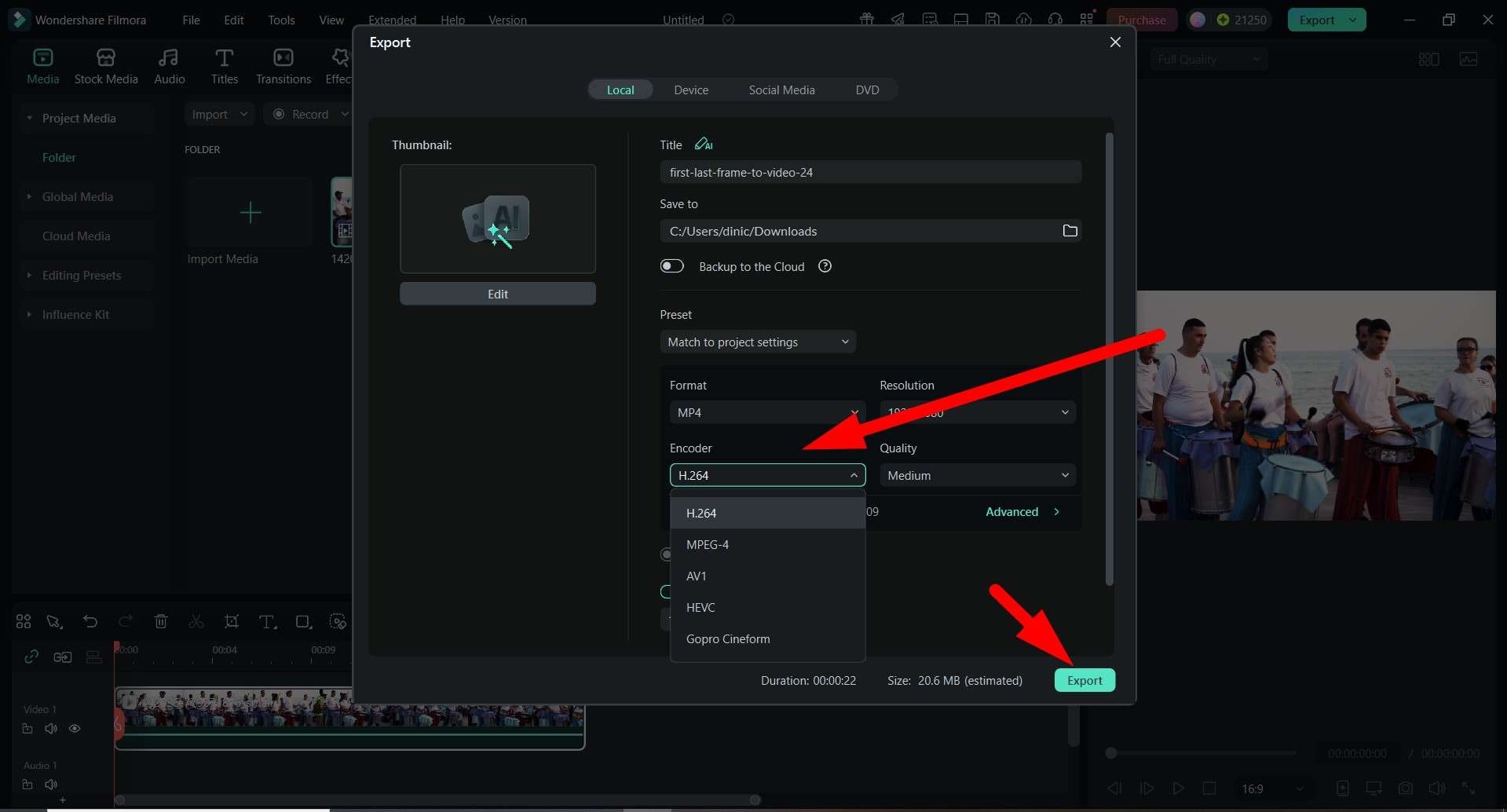 pick encoder and click on export