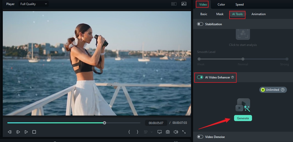 enable ai video enhancer in filmora