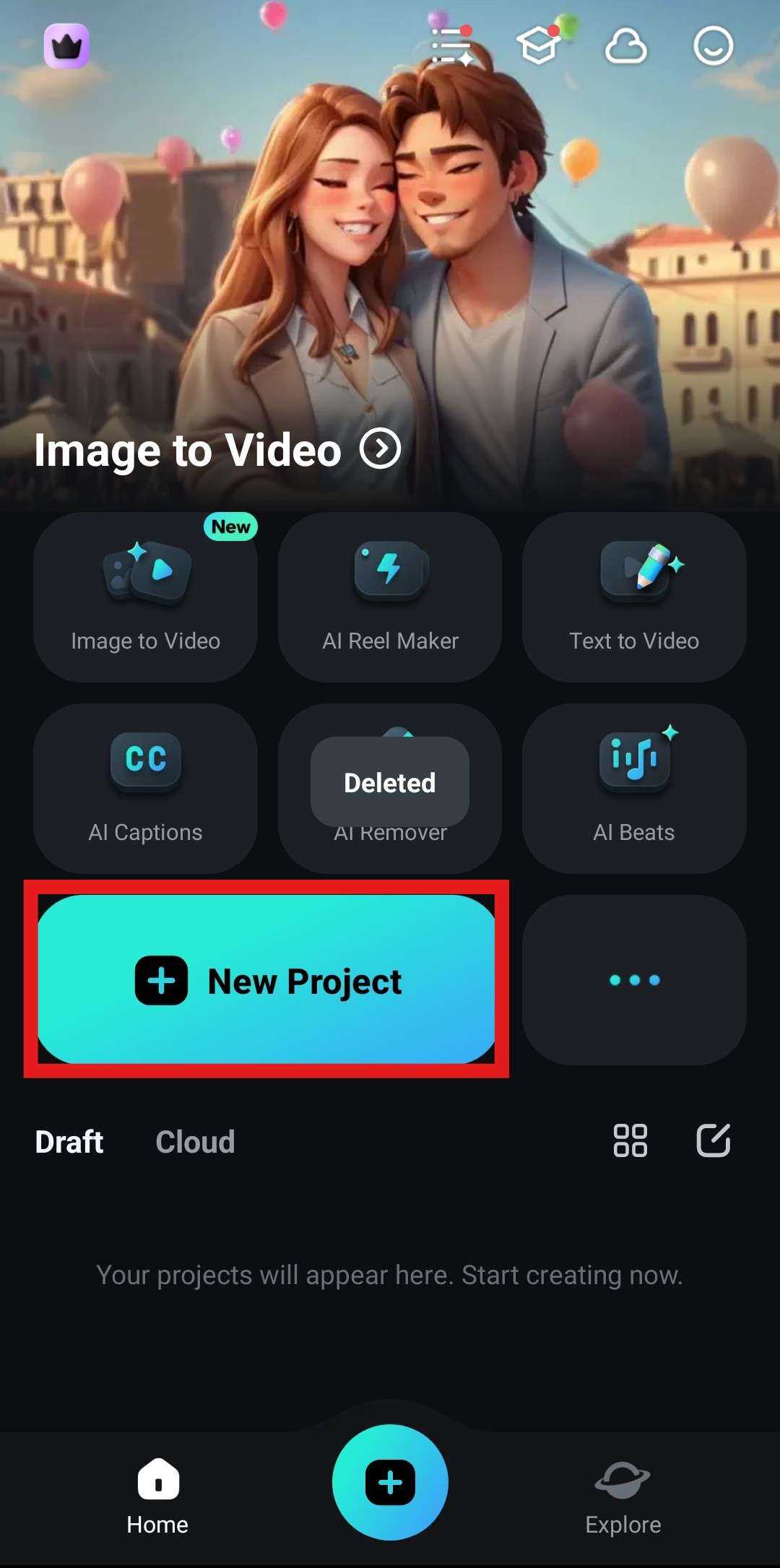 create new project using filmora mobile