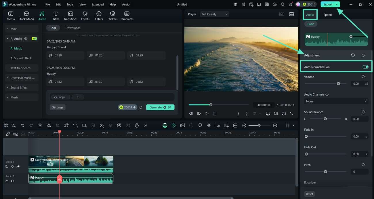 enable audio normalization and export video