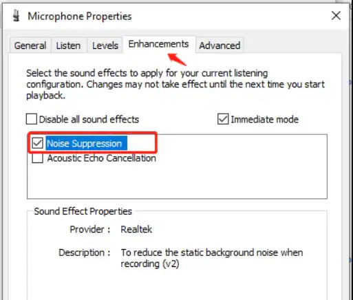 noise suppression on windows 