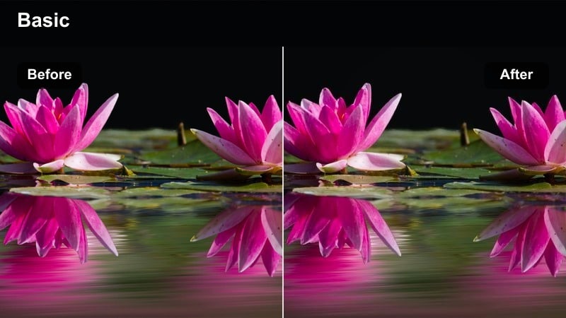 Side-by-side comparison of flat and corrected cinematic city alley scene