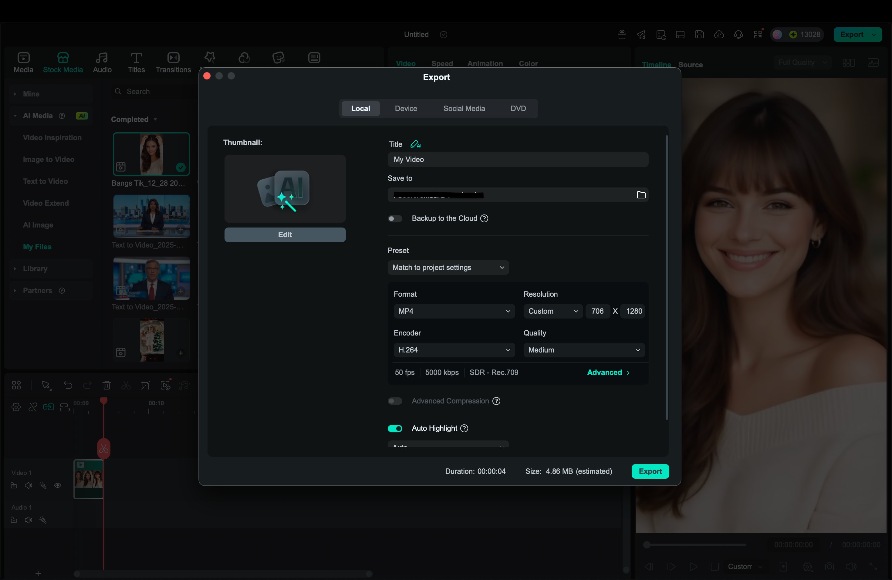 export filmora bangs filter result