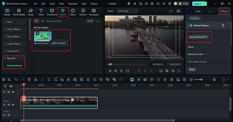find launch the mocha filmora feature