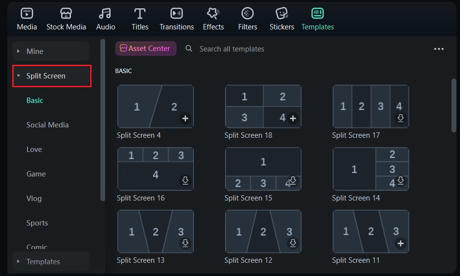 select the split screen in filmora