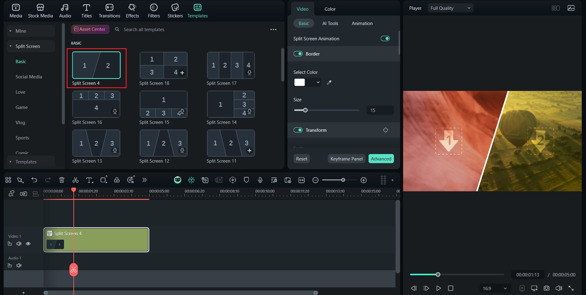drag and drop the split screen template