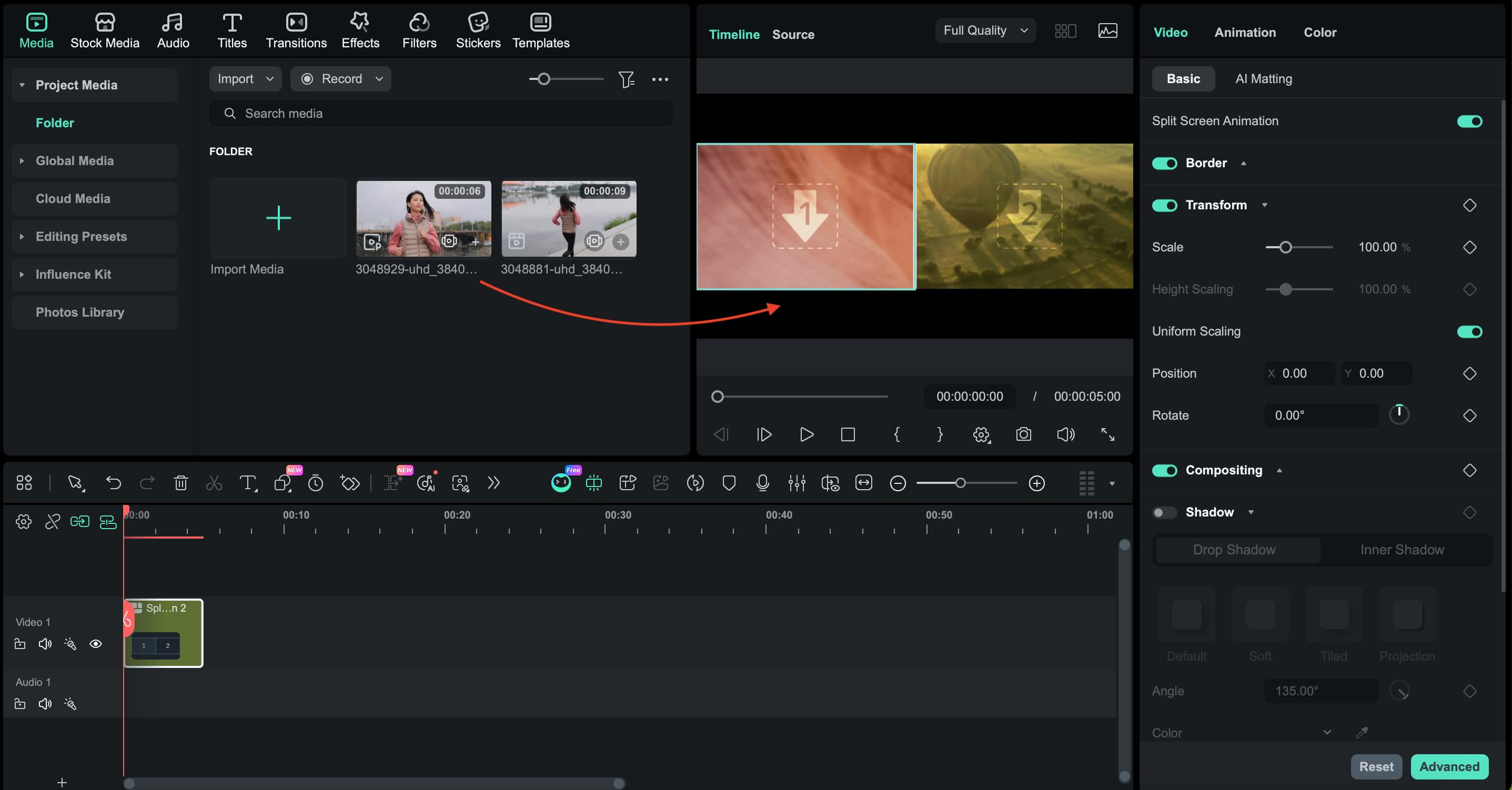 glisser et placer les clips dans l’écran partagé