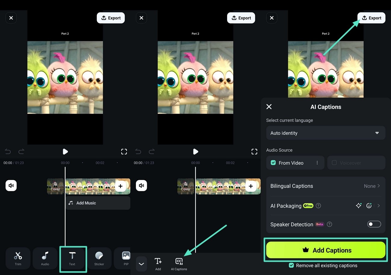add text use filmora app ai captions anime