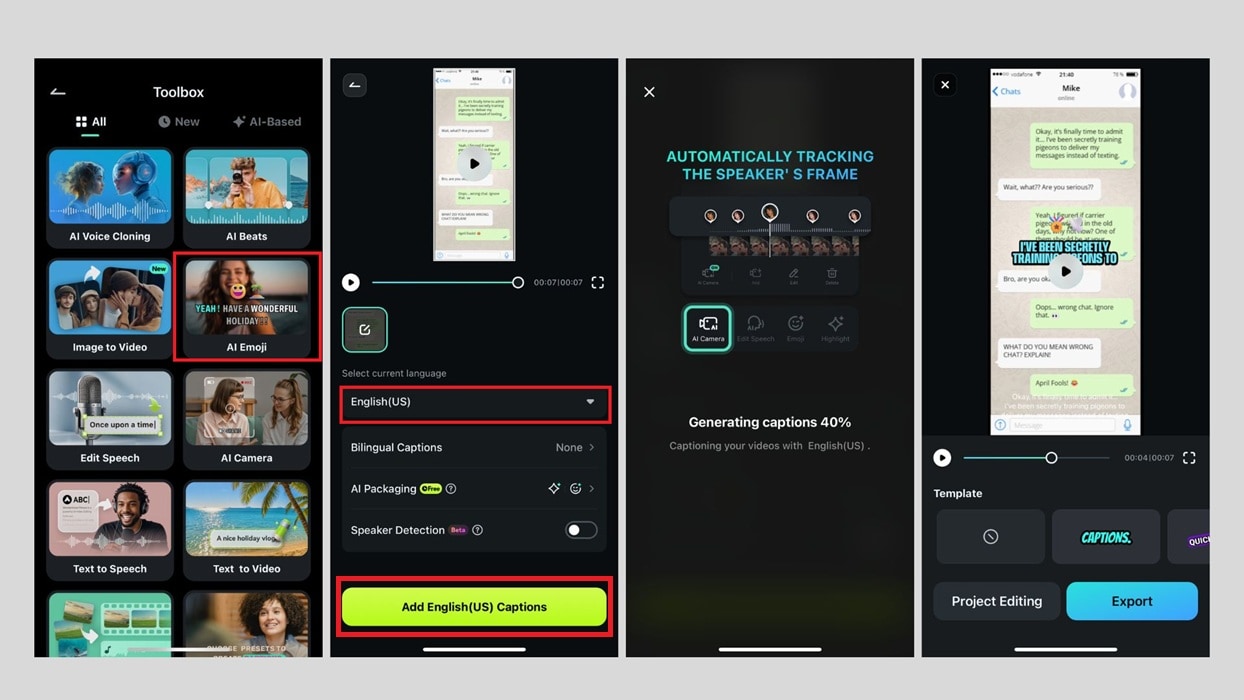 apply ai emoji and auto captions