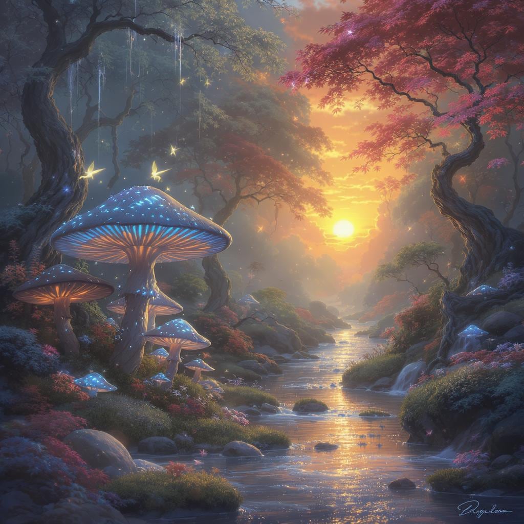 A DALL·E prompt of a fantasy forest with glowing mushrooms, a soft river, and fairies flying at sunset, digital painting style.