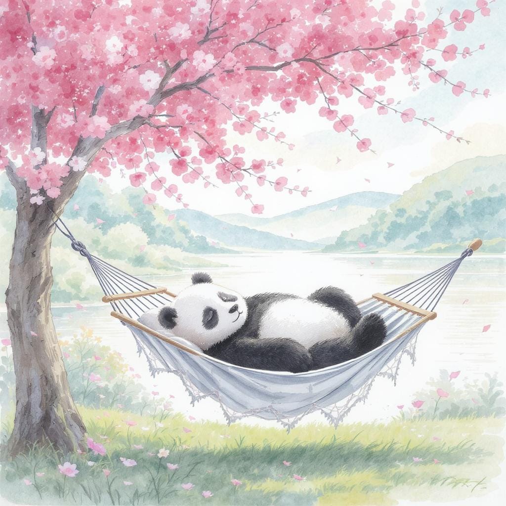 A DALL·E prompt of 'A sleepy panda on a hammock under cherry blossoms, watercolor style, soft afternoon light.'