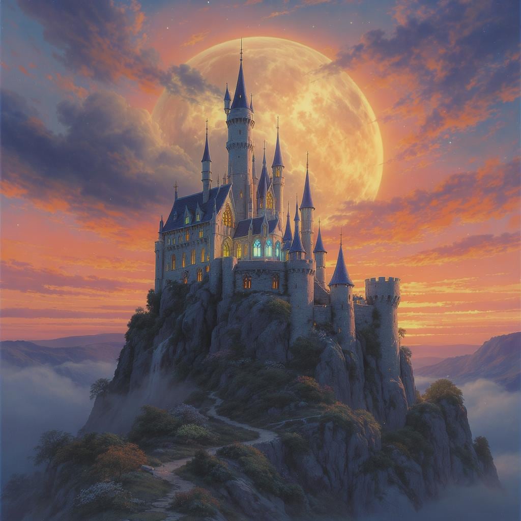 A DALL·E prompt of “A glowing fantasy castle on a cliff at sunset, in Studio Ghibli anime style.”