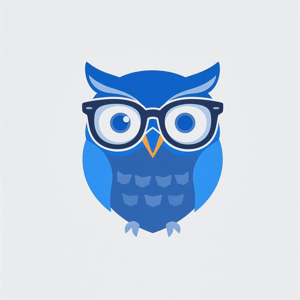 A DALL·E prompt of “Flat logo of a blue owl with glasses, symbolizing smart AI, vector style on white background.”