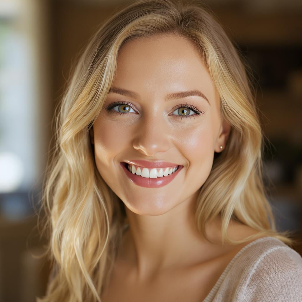 A DALL·E prompt of “Close-up portrait of a smiling woman in natural light, DSLR camera, shallow depth of field.”