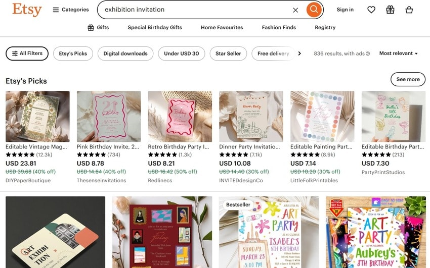 exhibition invitations on etsy