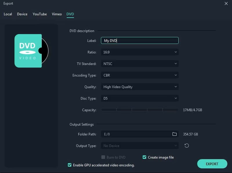 Export presets in Filmora.