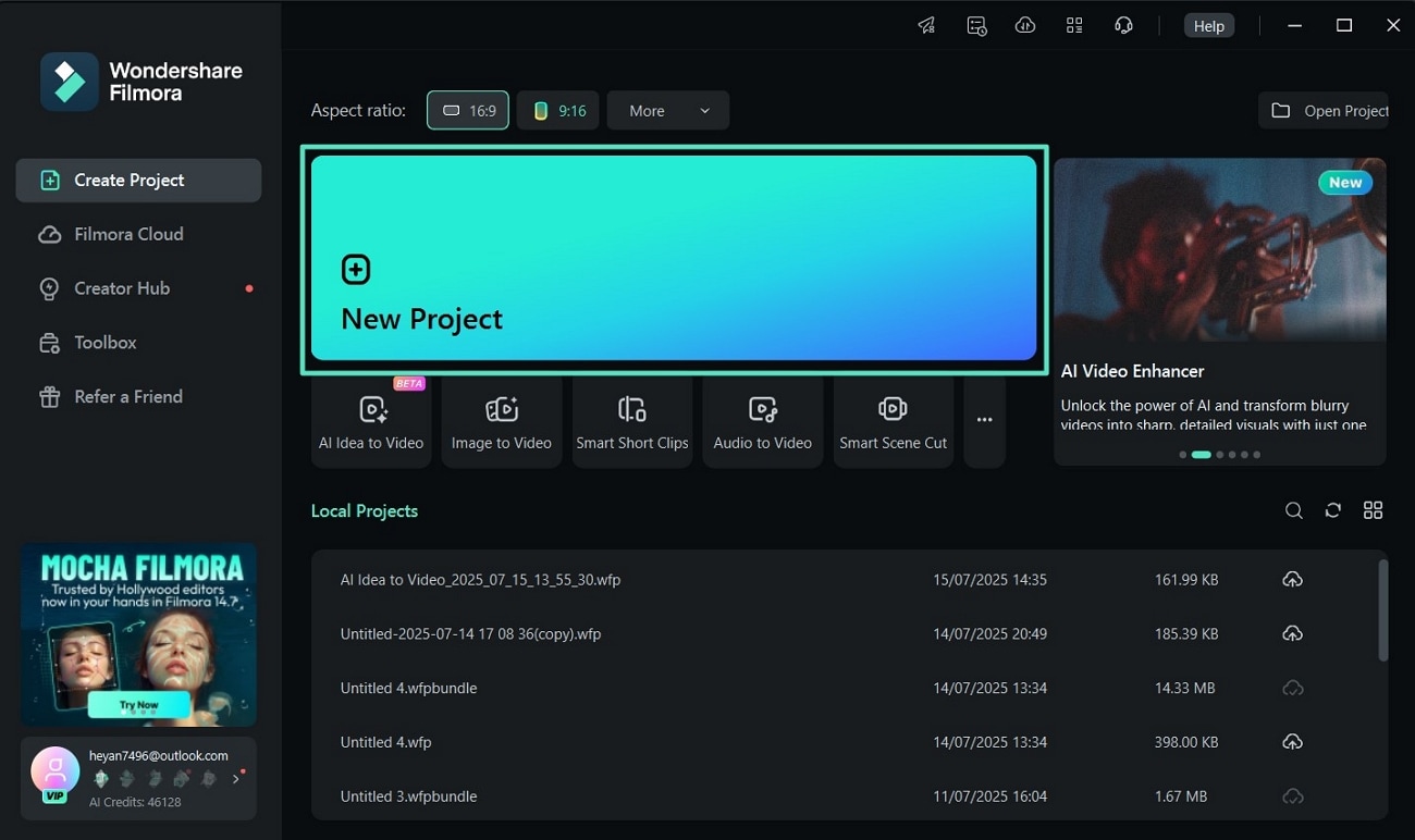 start new project filmora desktop