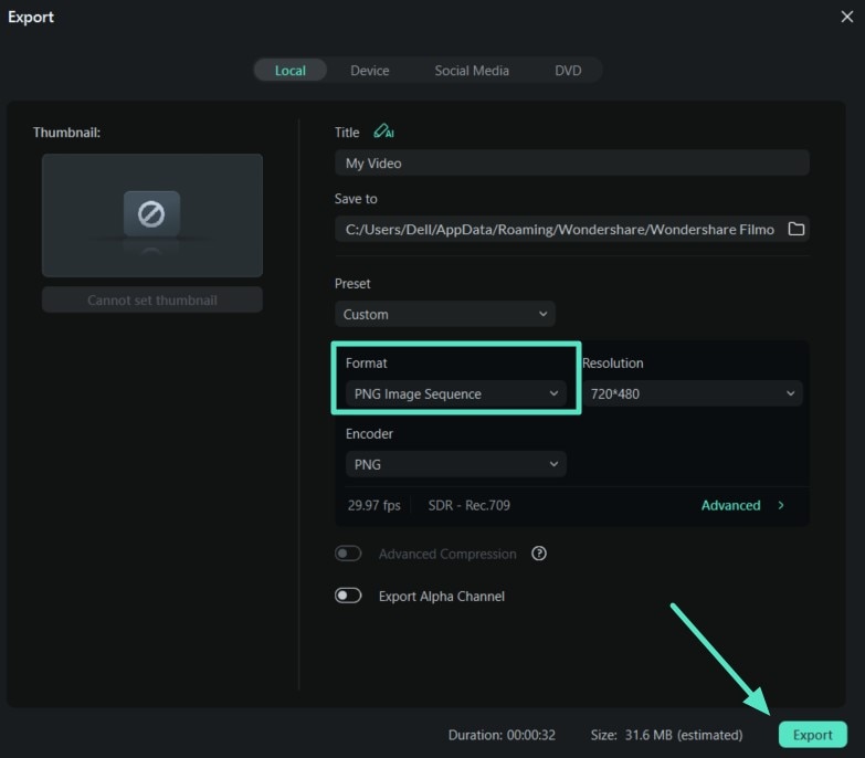 select file format export video
