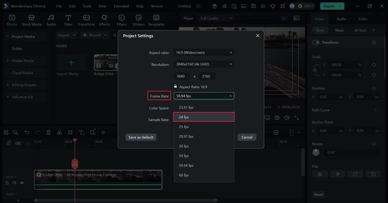 change the frame rate to 24fps