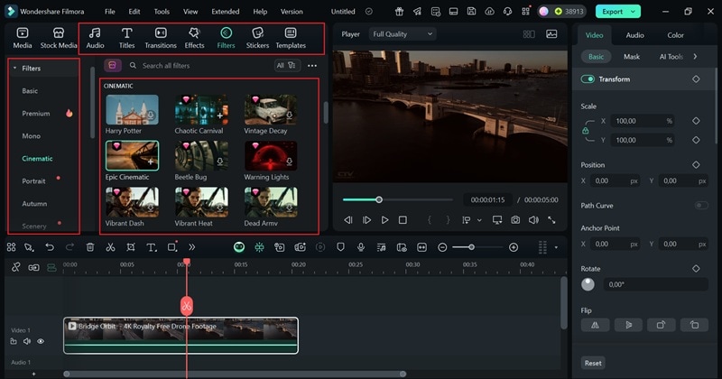 browse through filmora features and libraries