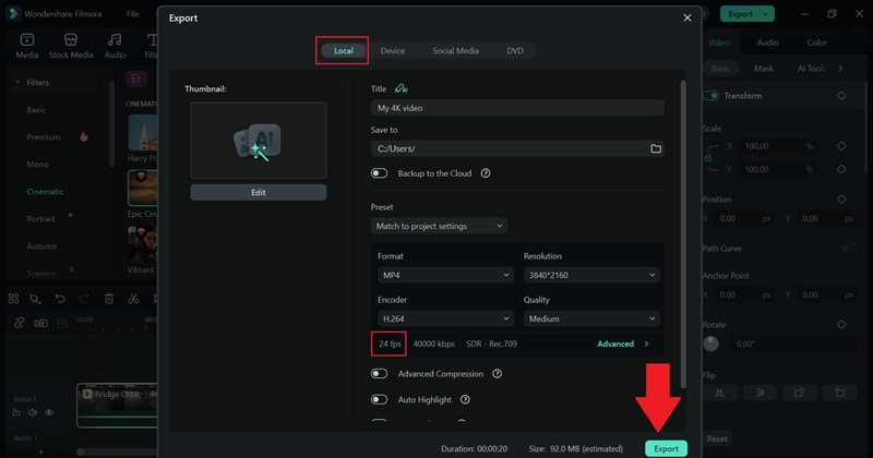 check the fps when exporting video