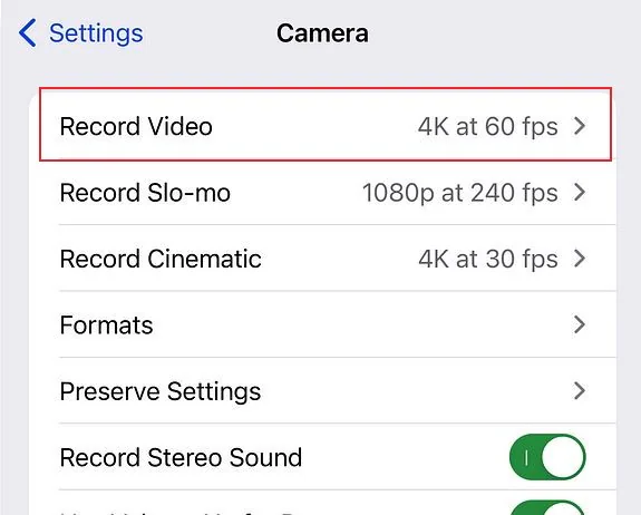 record video settings