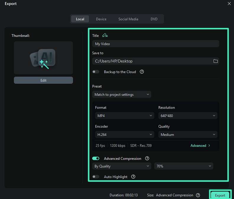configure settings and export