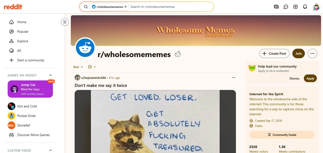 wholesome memes subreddit page
