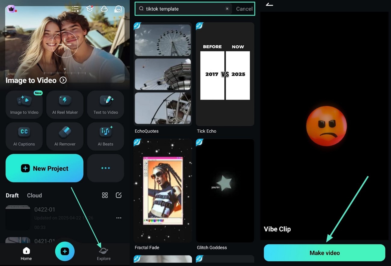 explore tiktok template on filmora app