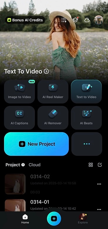 filmora main mobile interface