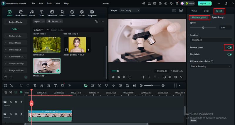 wondershare filmora reverse video speed