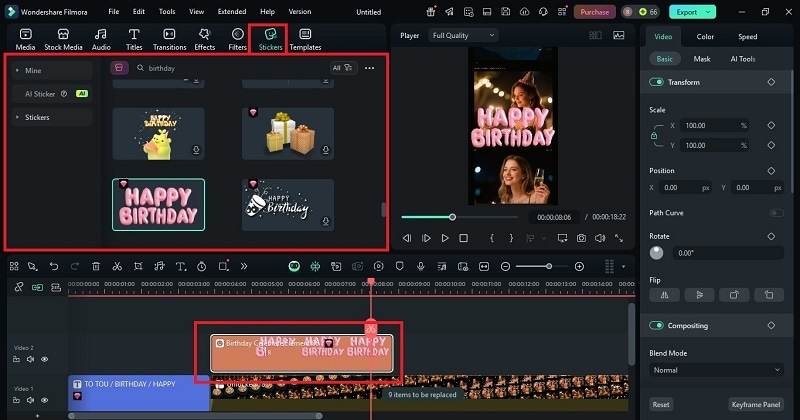 add birthday stickers to content
