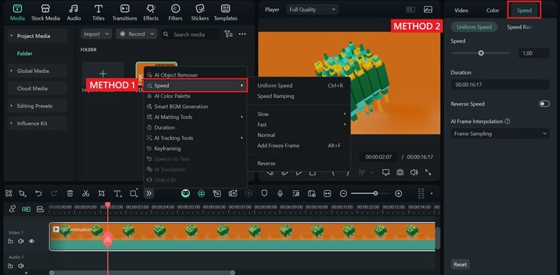 open filmora speed options