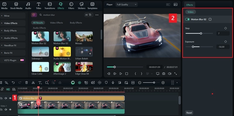 adjust motion blur settings in filmora