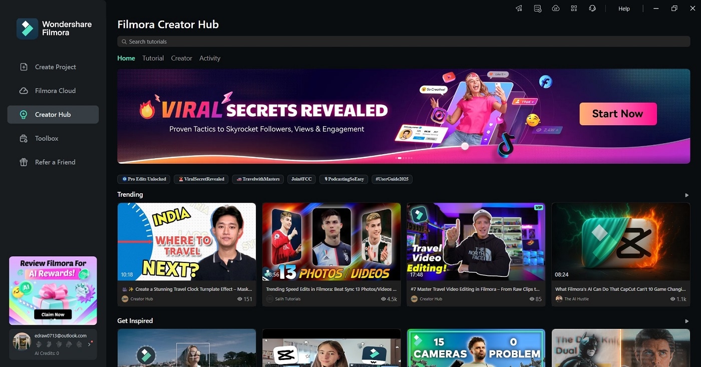 filmora creator hub interface