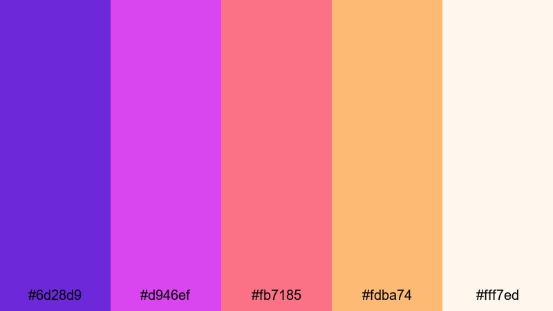 blush orchid dusk purple red orange color palette with hex codes